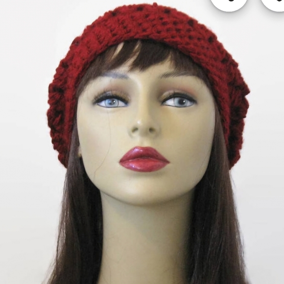 Burgandy Gold Thread Crochet Slouch Beanie & Pink Ultra Suede Gloves - Picture 5 of 11